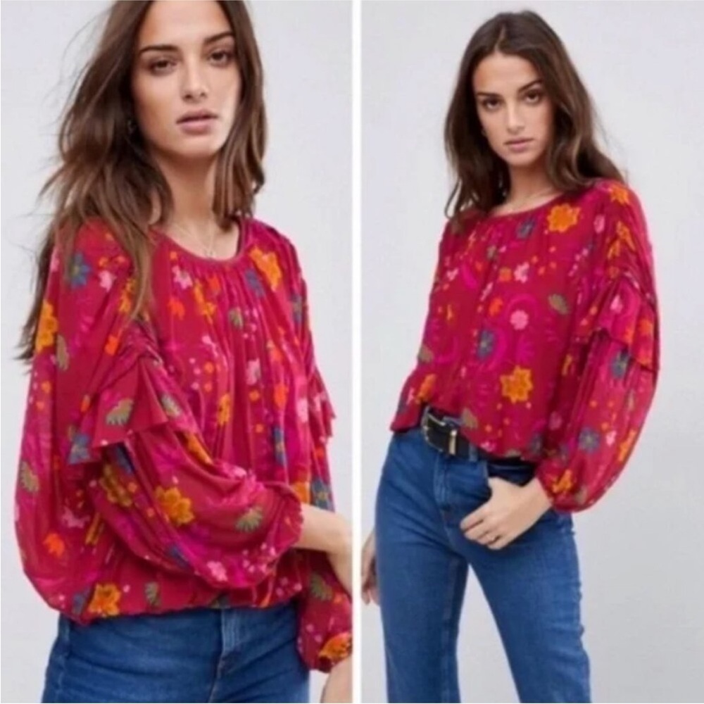 Free People Wildflower Red Long Sleeve Floral Blouse Size S Boho Romantic Top